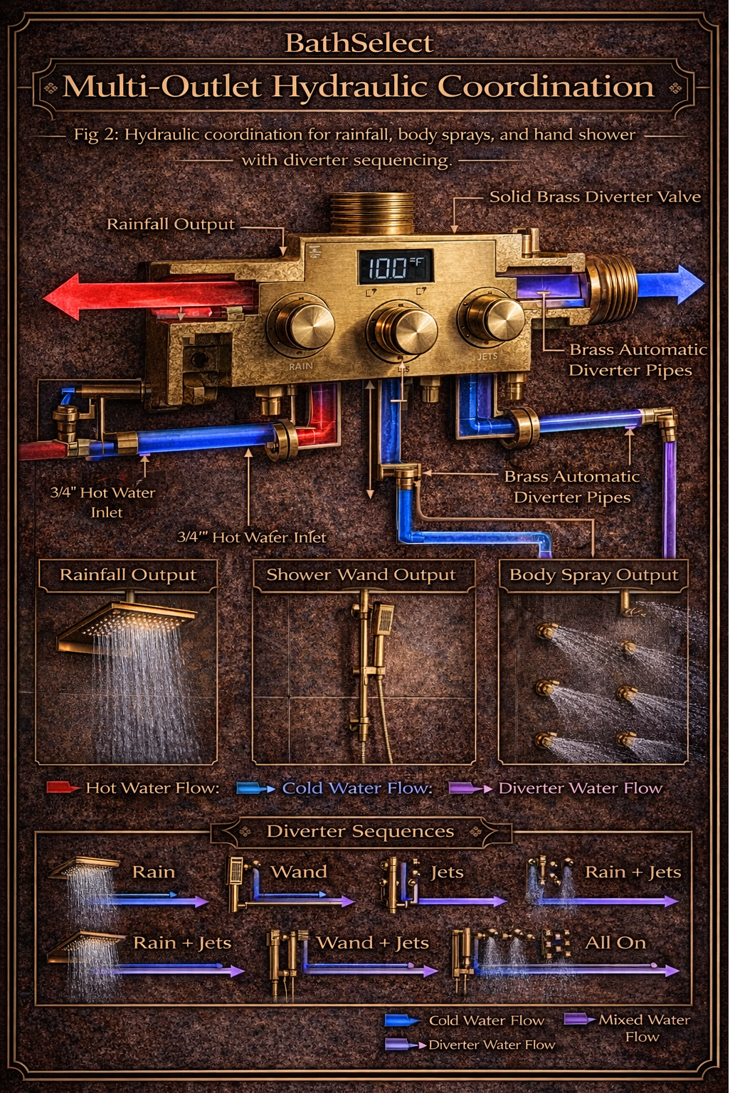 Multi-outlet hydraulic coordination diagram with flow paths